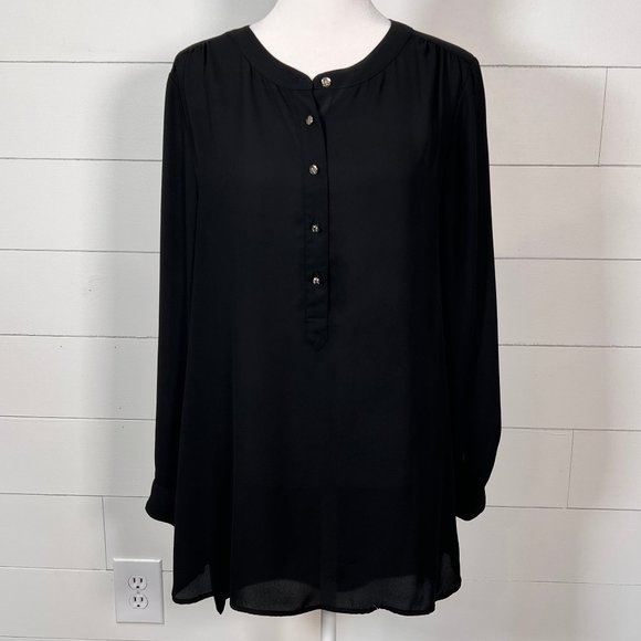 CeCe Black Semi Sheer Long Sleeve Button Down Tunic Top Size M - Picture 1 of 10